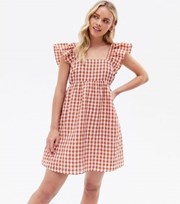 New Look Petite Pale Pink Check Seersucker Frill Shoulder Mini Dress
